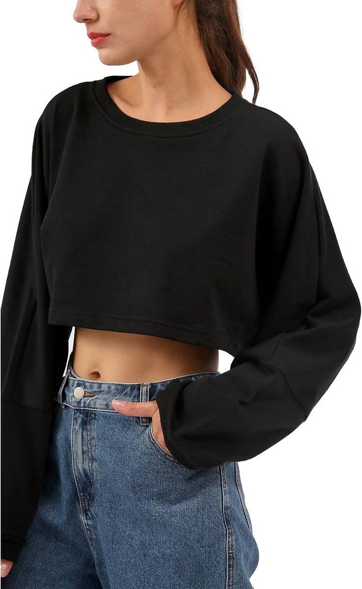 Dames sweatshirt, crop pullover zonder capuchon, casual basic trui oversized, ronde hals, korte hoodie met lange mouwen tops