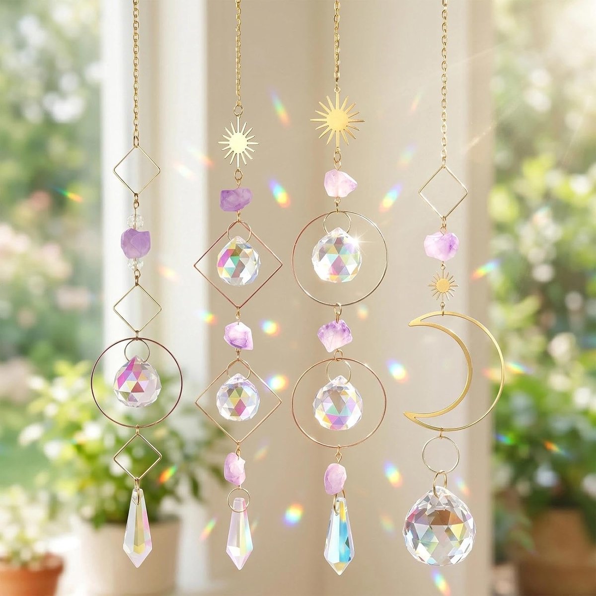 Sun Catcher, 4 stuks, hangende zonnevanger, kristal, windgong balkon van bergkristal, voor ramen, slaapkamer en balkon