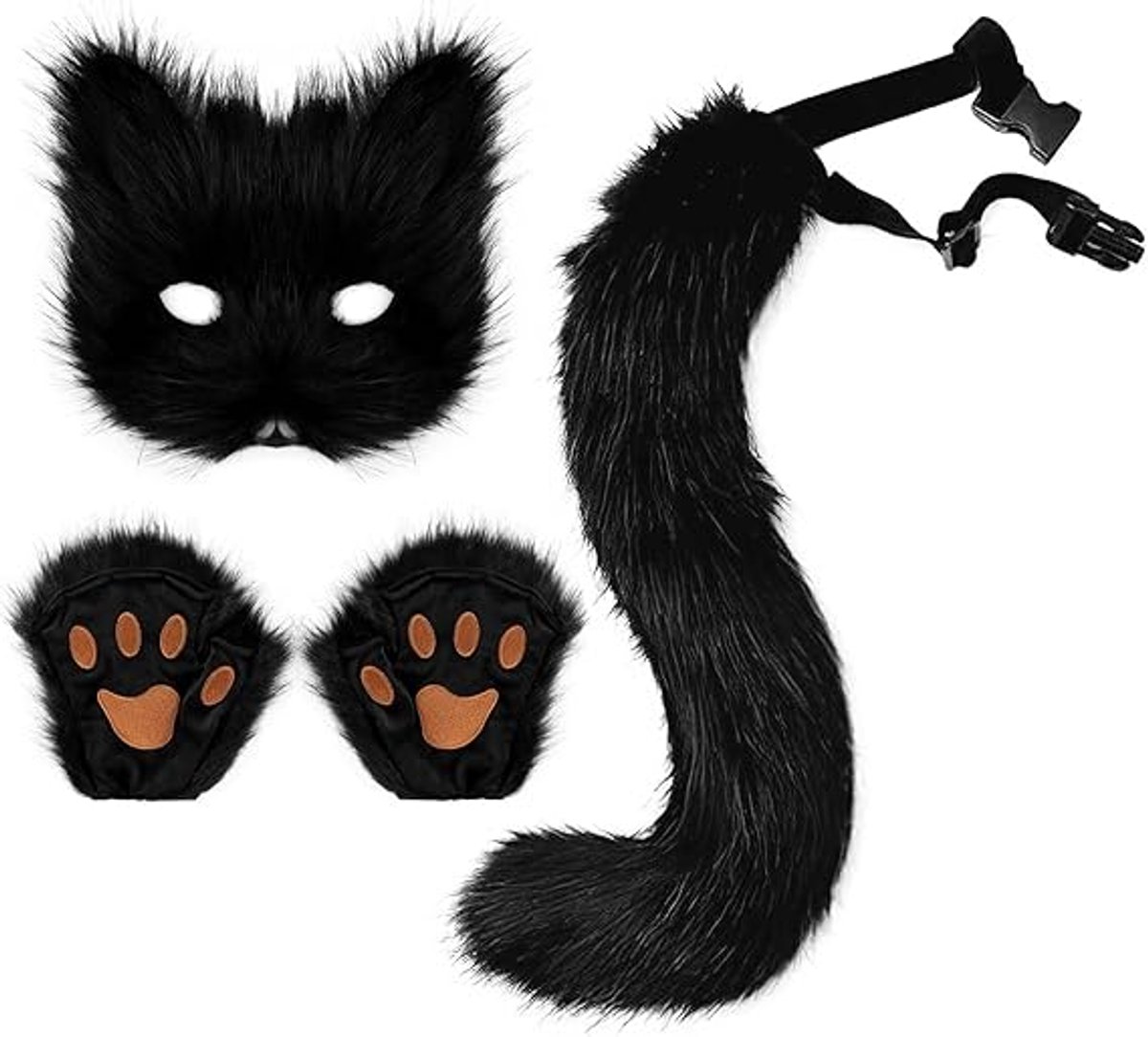 Pluche dierenmaskers met vossen - katten- en wolvenstaarten – inclusief pluche poothandschoenen – perfect voor Halloween - Kerstmis en cosplay – unisex