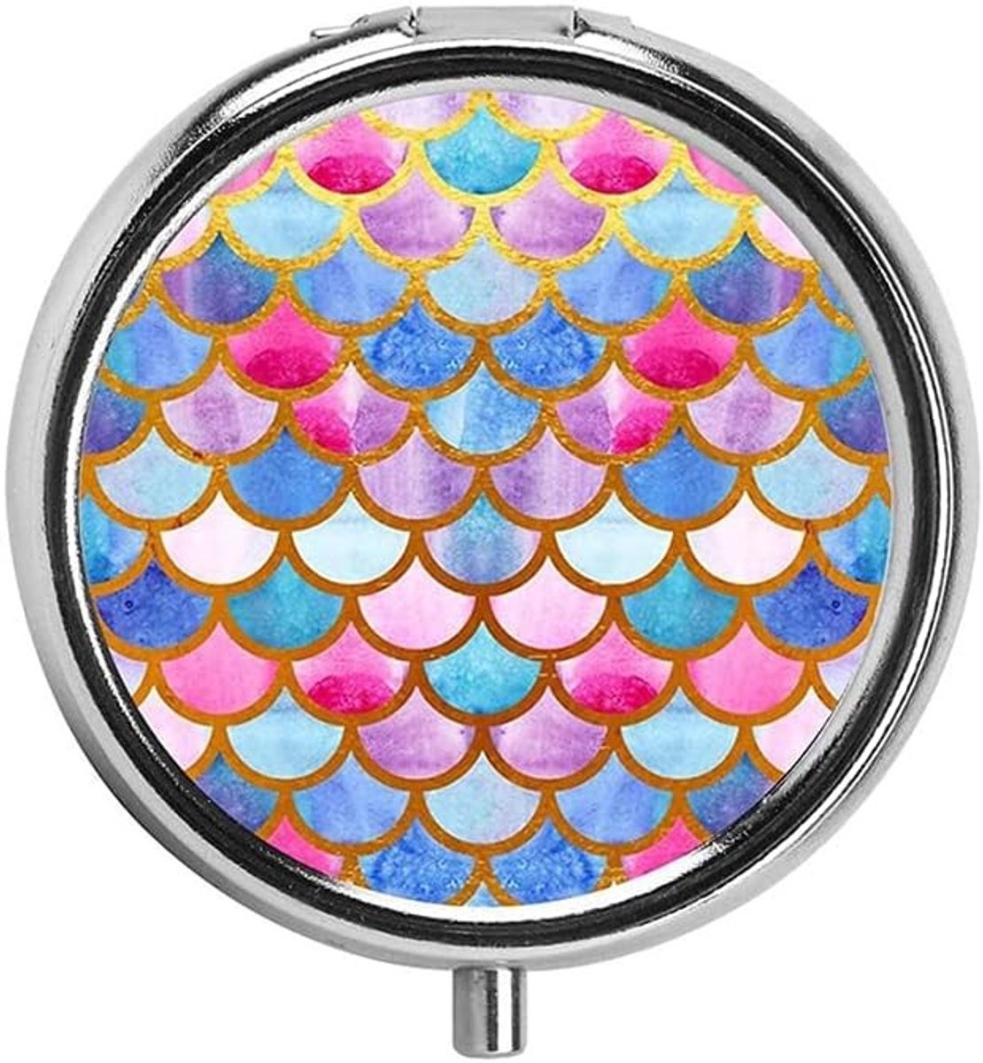 Draagbare ronde metalen pillendoos met 3 compartimenten - Mini medicijn organizer voor tas, handbagage en reizen, ideaal als cadeau - Roze blauwe vis schubben patroon