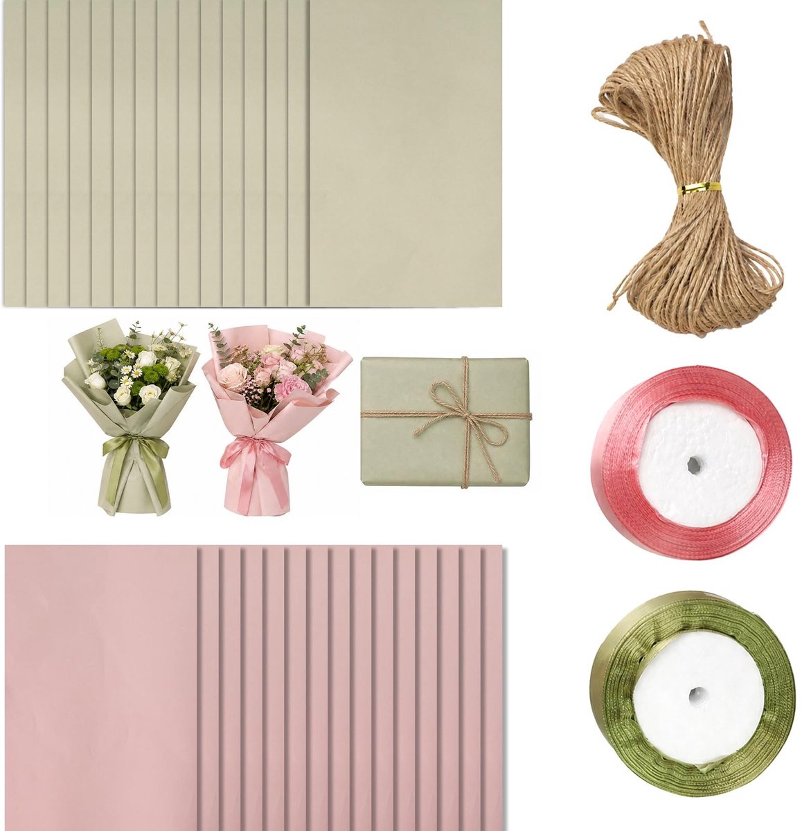 SolidKeus - Cadeaupapierset met 30 Vellen en Lint in Groen en Roze