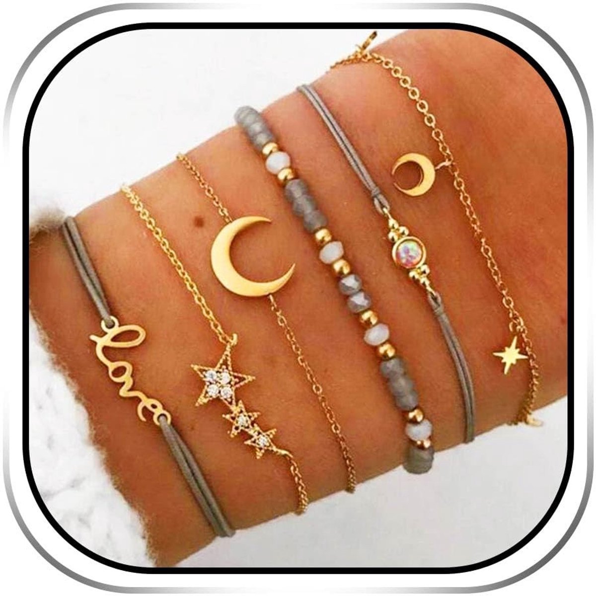 SolidKeus - Set van 6 Boho Armbanden met Kristallen en Sterren