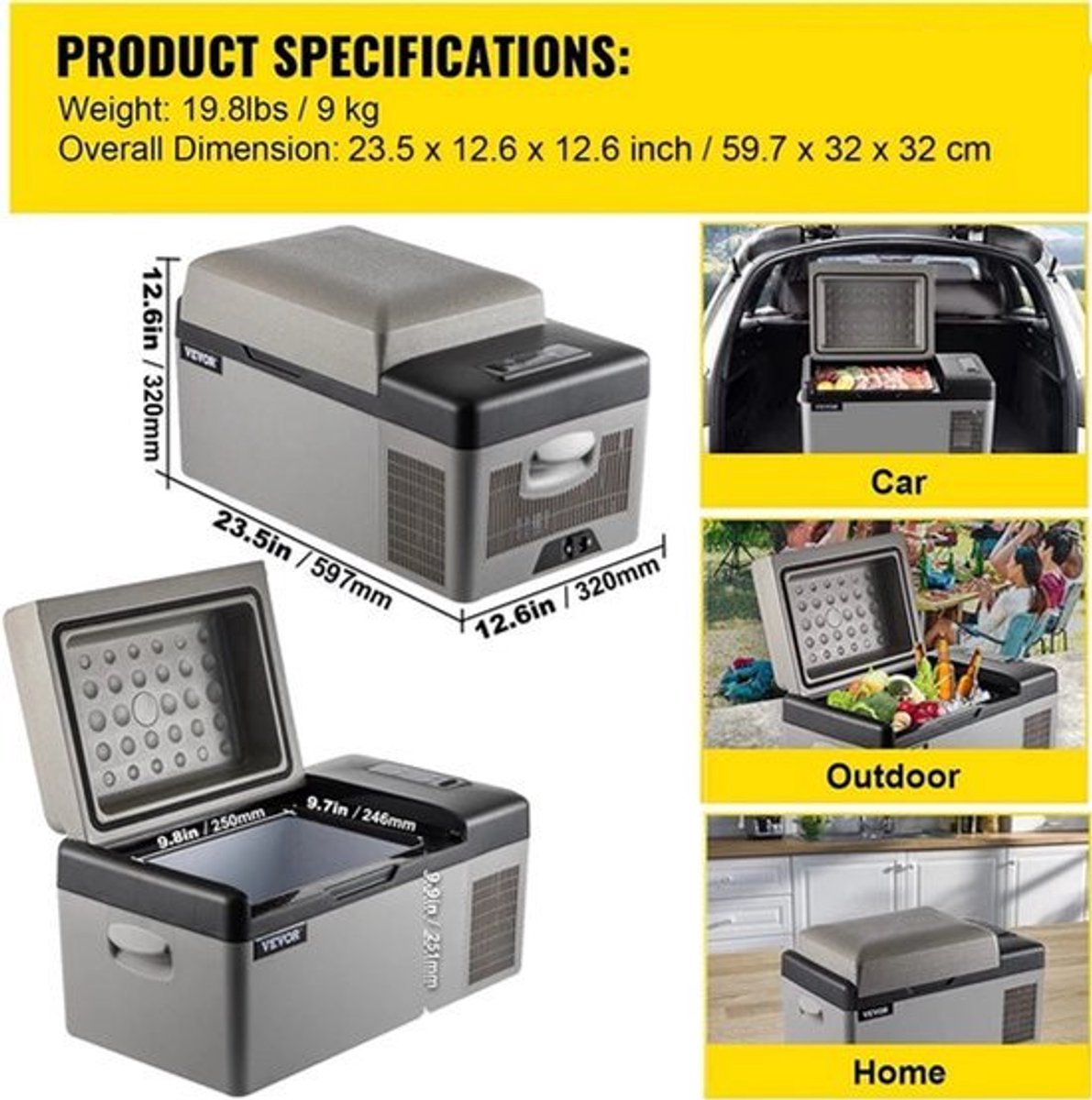 Mini koelkast - Mini koelkast voor drankjes - Mini auto koelkast - Draagbare compressor koeler - Koelbox voor kamperen - 20L - 12/24V DC - 110-240V - Grijs
