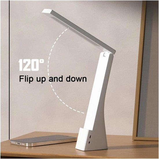 Opvouwbare LED Bureaulamp Met USB Oplaadbare Batterij - Tafellamp Voor Lezen En Studeren - Dimbare Leeslamp Voor Bureau Nachtkastje Slaapkamer En Kinderkamer - Snoerloos Of Met Adapter Te Gebruiken - Ruimtebesparend En Verstelbaar - Wit van SNQ — afbeelding 4