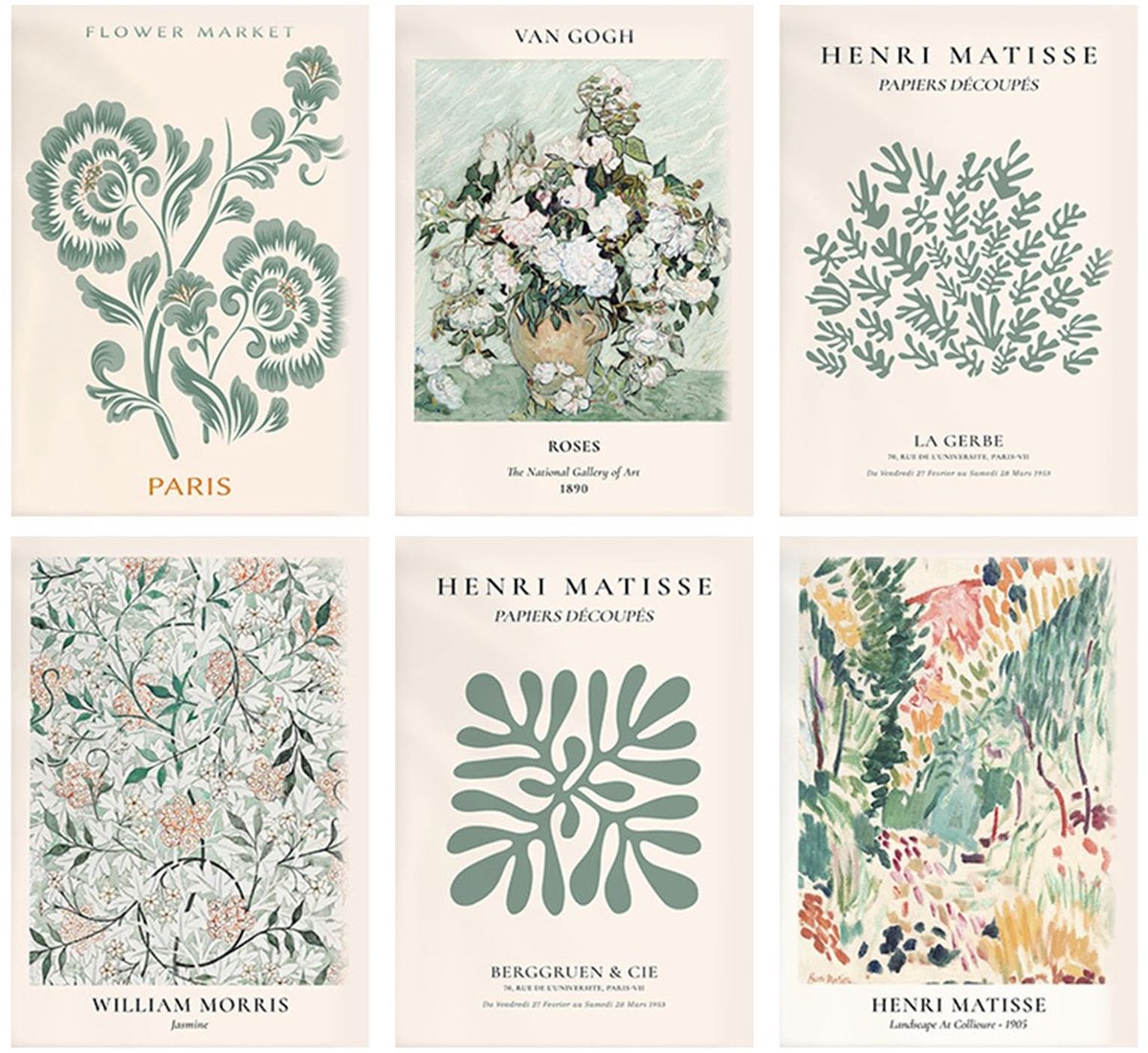 SolidKeus - Set van 6 Vintage Bloemen Posters voor Wanddecoratie