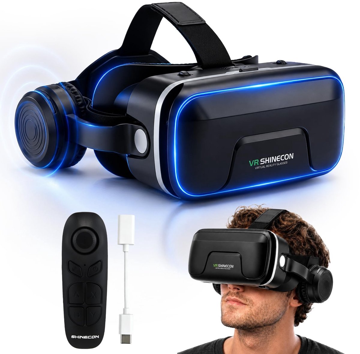 SolidKeus - VR Bril voor Smartphone, 3D met Hoofdtelefoon en Blauwlichtfilter