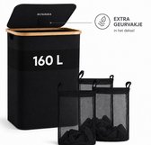 Panier à linge SOVARA 3 compartiments - 160L - Zwart - Trieur à linge en Bamboe - 3 sacs à linge amovibles - Compartiment parfum