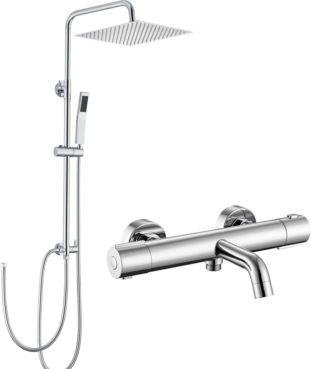 Auralum Max Regendouche met Thermostaatkraan - Ã˜ 30 cm - Inclusief Thermostatische Badkraan - CoolTouch technologie - Doucheset - Verstelbare Hoogte 72-110 cm - Regendoucheset - Waterbesparend - Chroom