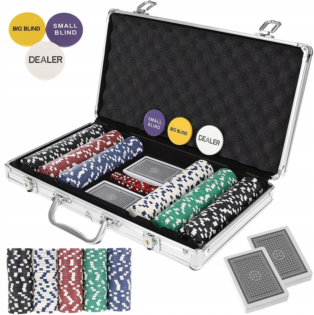 Merkloos Pokerset 300 Chips Aluminium Koffer Kaarten Dobbelstenen