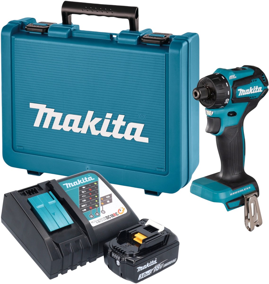 Makita DDF 083 RF1E accuboormachine 18 V 40 Nm 1/4'' borstelloos + 1x accu 3,0 Ah + oplader + koffer