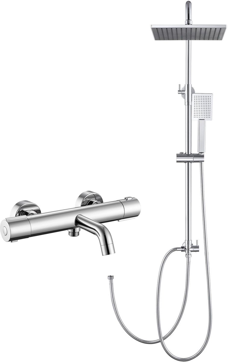 DERW Max Regendouche met Thermostaatkraan - RVS Doucheset - Regendouche Ø 25,4 cm - Handdouche Ø 8.5 cm - Verstelbare Hoogte - Inclusief Thermostatische Badkraan - Hartafstand 15 cm - Waterbesparend - Chroom