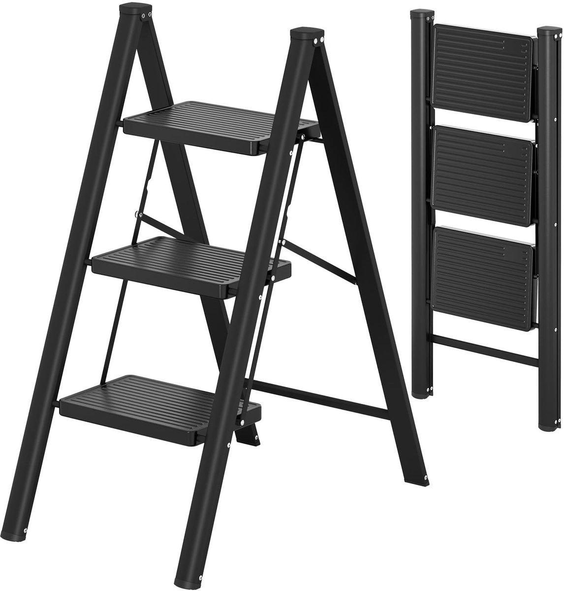 SolidKeus - Vouwladder met 3 Treden en Antislip, Belastbaar tot 150 kg, Zwart