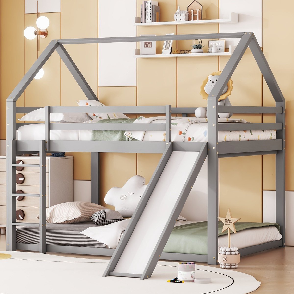 Kinderbed - voor matras 140 x 200 cm - grijs - met USB-aansluiting en lattenbodem - matras niet inbegrepen - voor de slaapkamer