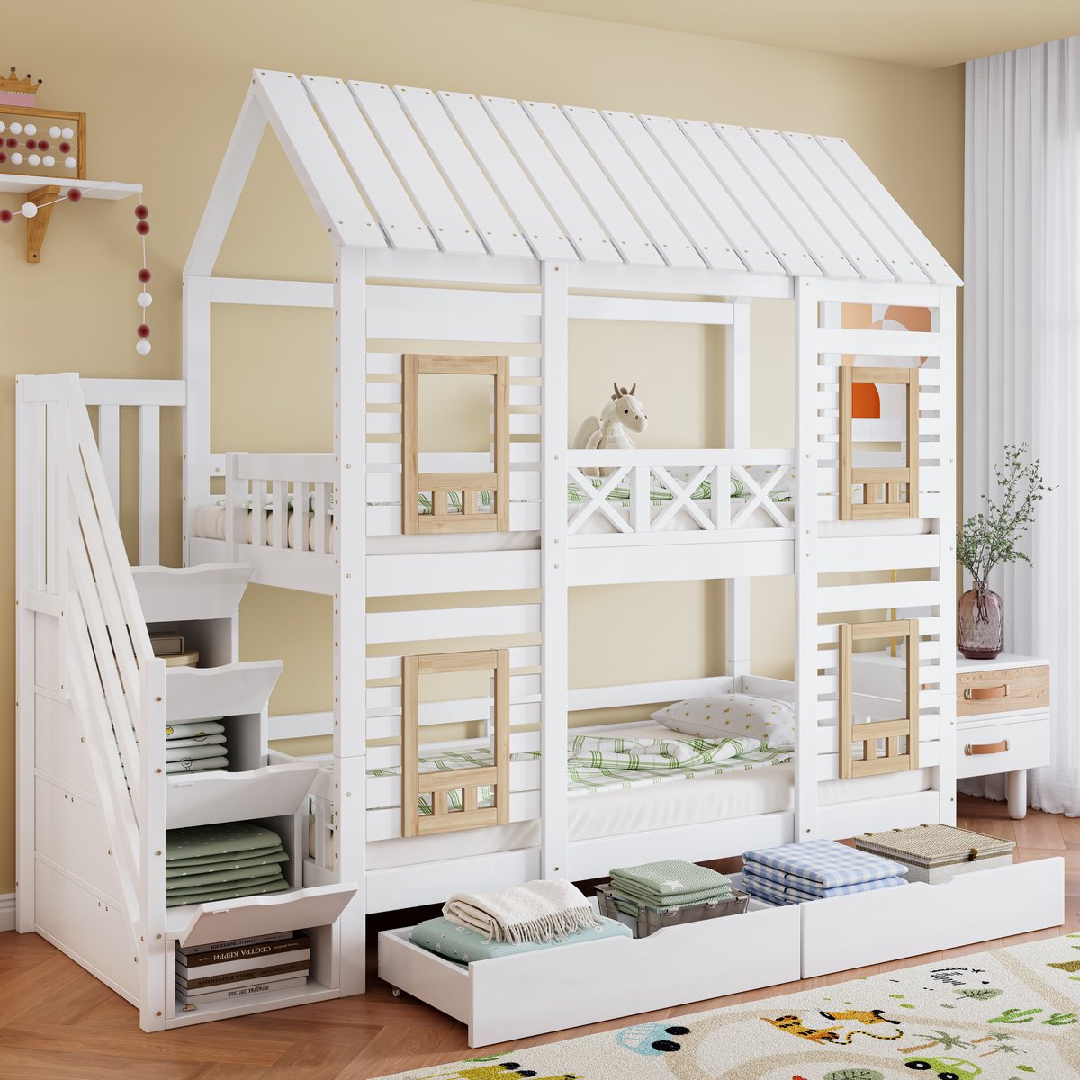 Kinderbed - voor matras 90 x 200 cm - wit en naturel - met opbergruimte en lattenbodem - matras niet inbegrepen - voor de slaapkamer