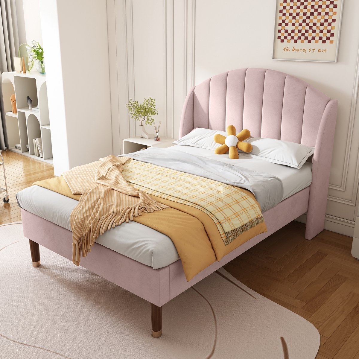 Gestoffeerd bedframe - voor matras 90 x 200 cm - roze - met lattenbodem - maximaal belastbaar 150 kg - matras niet inbegrepen - voor de slaapkamer