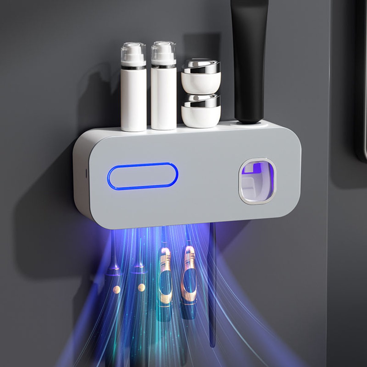 UVC Tandenborstelhouder met Automatische Tandpasta Dispenser – Wandmontage Zonder Boren – UV Reiniging – Oplaadbaar – Badkamer Organizer – Grijs