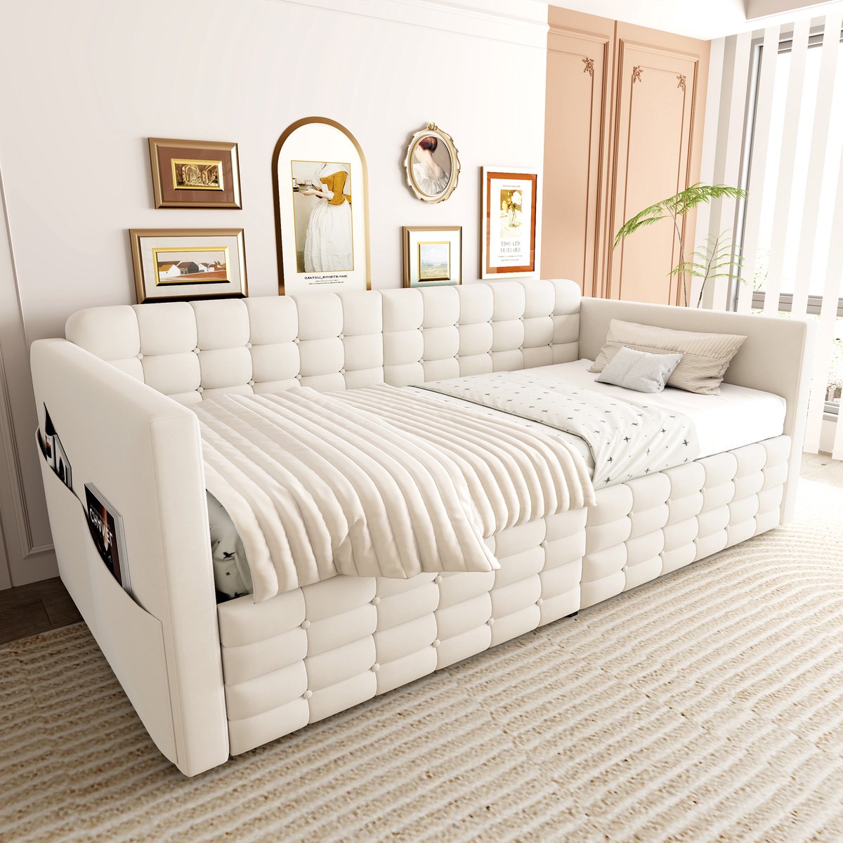 Bedframe – Tweepersoonsbed – Platformbed – Slaapbank – Opbergbed – Grijs Linnen – 140x200 cm – Inclusief 2 Opberglades