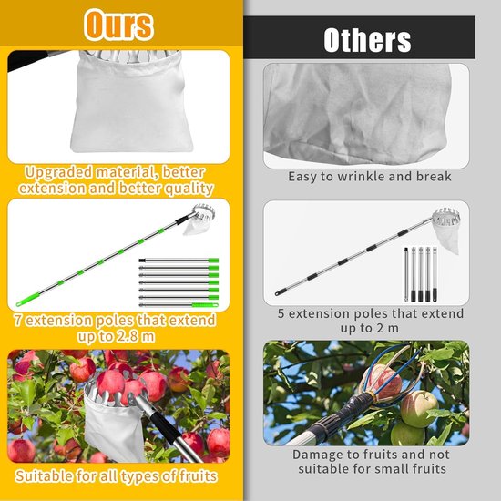 Fruitplukker Met Steel - 2.8M - Appelplukker - Fruit Plukker - Lange Fruitpluktool met telescopische steel - Fruitgrijper met telescopische steel en opbergtas - Snoeigereedschap - Voor kersen, bessen, sinaasappels, peren, citroenen — afbeelding 5