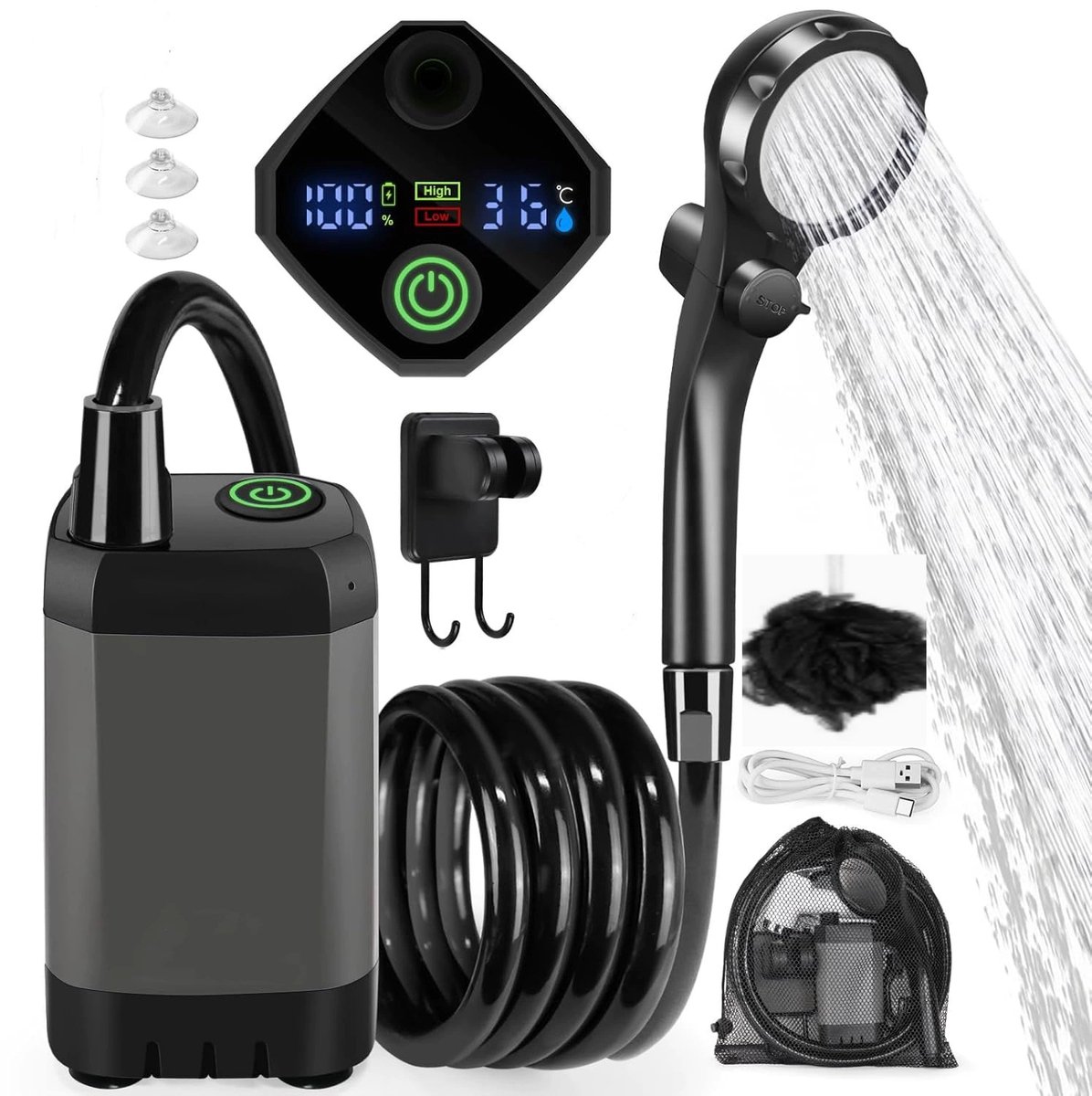 Draagbare Elektrische Douche Met 6000mAh Batterij - Camping Douche Voor Buiten En Reizen - Oplaadbare Buitendouche Met Temperatuur En Batterij Display - Waterdichte Handdouche Met 360° Draaibare Haak - Voor Camper Tuin Zwembad En Outdoor - Grijs