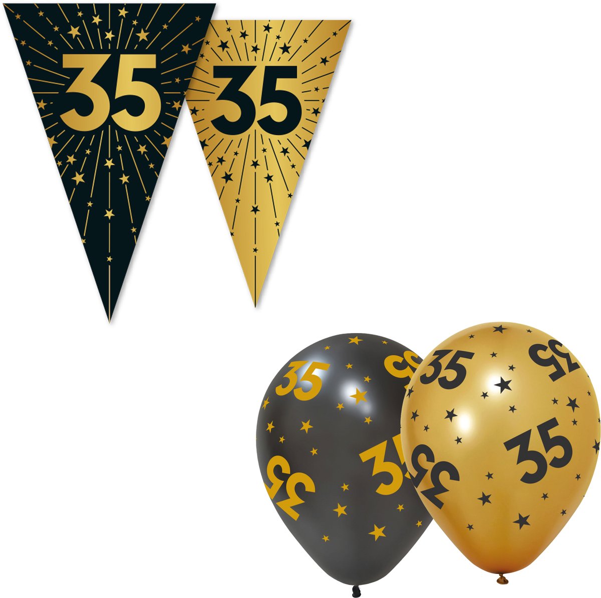 Black & Golden Celebrations Feestpakket XL - 35 Jaar - Versiering Set met 3x Vlaggenlijn en 6x Ballonnen - Zwart & Goud