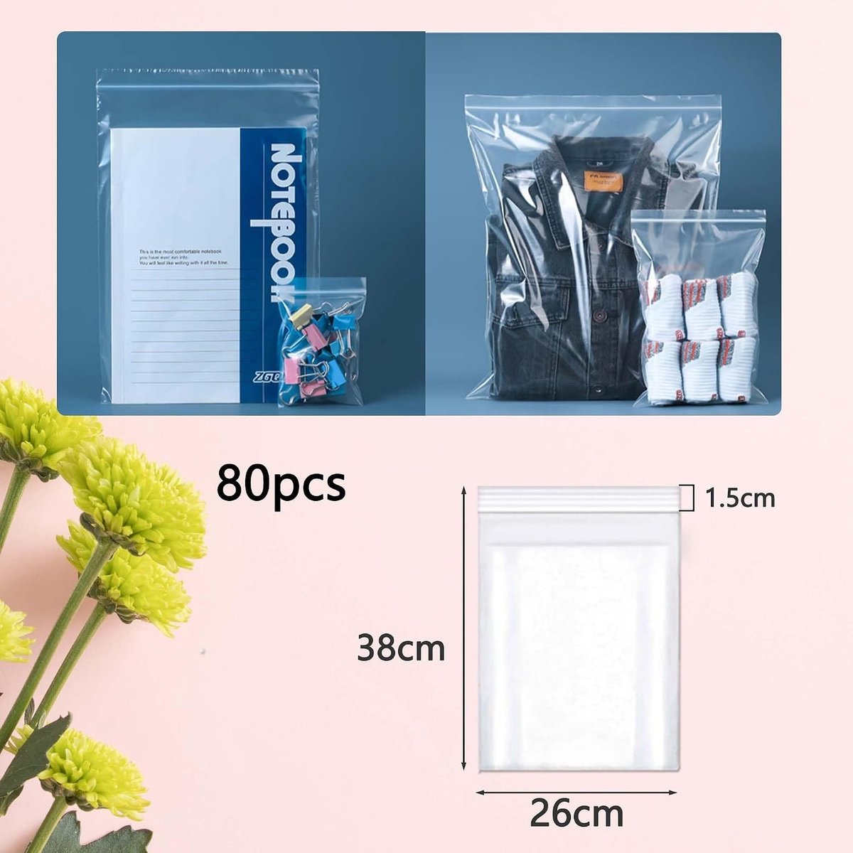 Hersluitbare Plastic Zakken - Transparant - 26 x 38 cm - Sterke en Robuuste Zakken met Ritssluiting - Voor Kleding en Organisatie