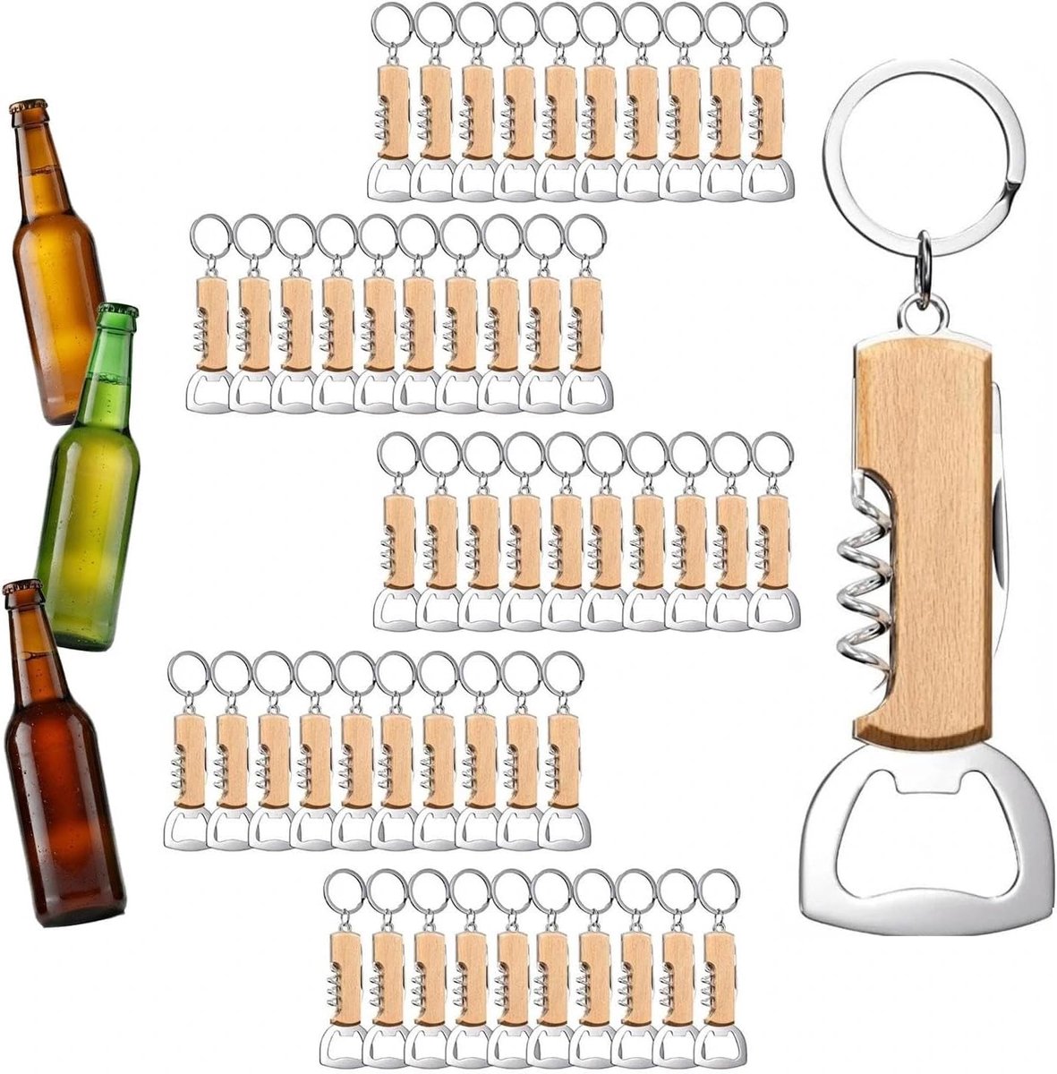Multifunctionele houten flesopener, bieropener met handvat, ideaal cadeau voor mannen en bierliefhebbers, set van 50 stuks