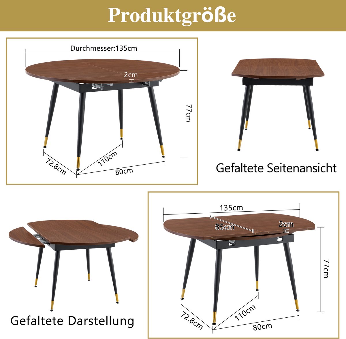 FloraGrace Uitrekbare Eettafel - Rond Naar Ovaal - Modern Voor Keuken En Eetkamer - MDF En Metaal - Walnoot - 135x85x77 Cm