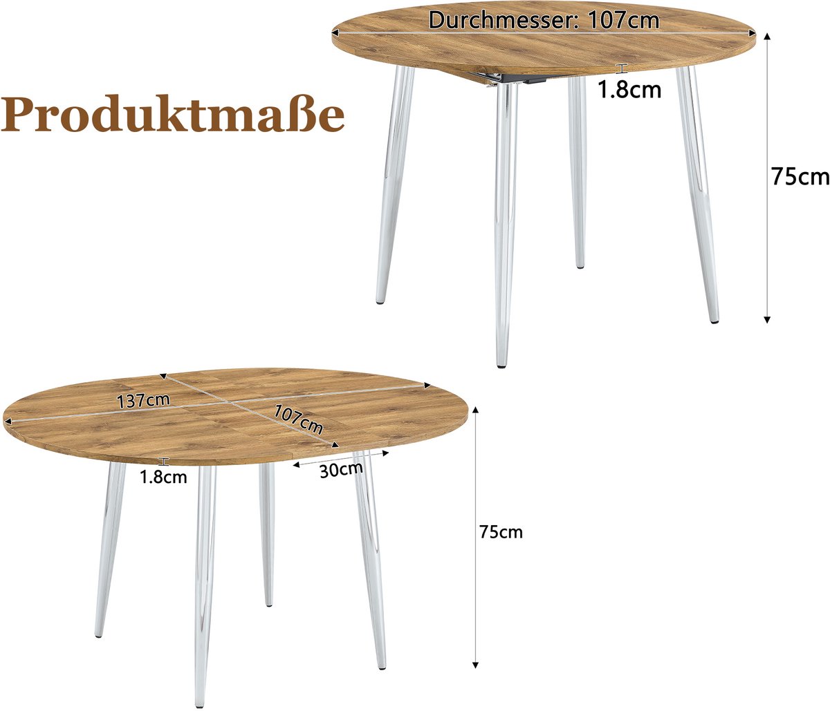 FloraGrace Eettafel - Uitrekbare Ronde Tafel Naar Ovaal - Modern Design Voor Eetkamer En Woonkamer - MDF En Metaal - 107 Tot 137 Cm - Hout