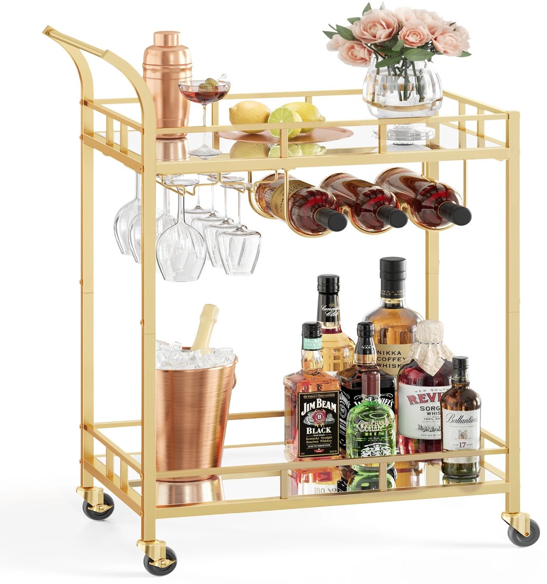 VASAGLE Serveerwagen - Luxe design - Gespiegelde planken - Glazenhouders - Flessenhouders - Verrijdbaar - Remwielen - Stalen frame - Praktische baropslag - Brengt direct glamour in huis