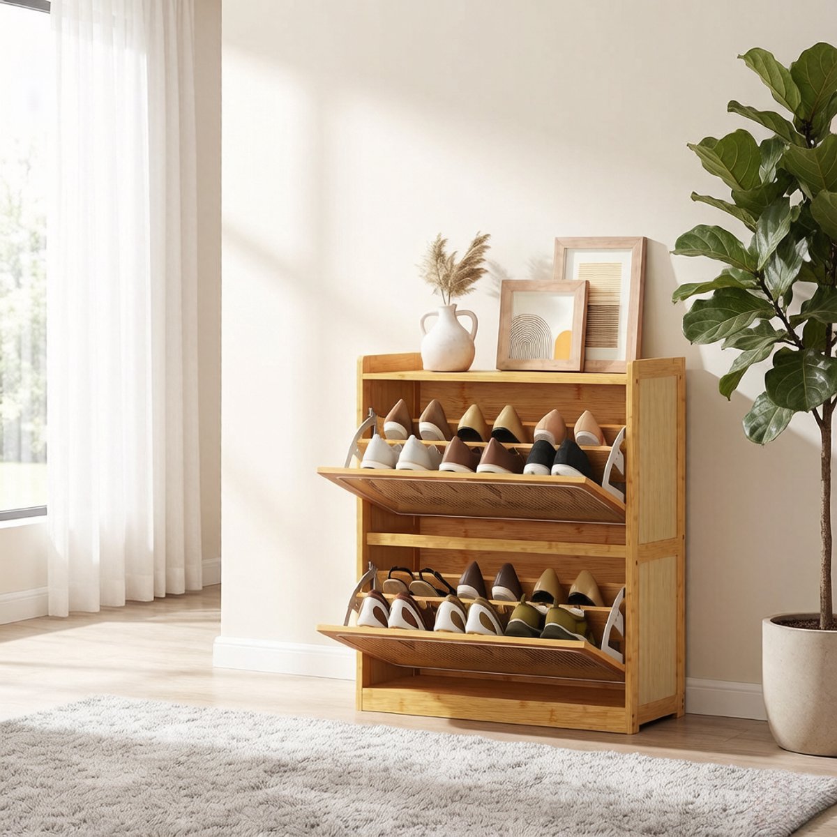 FloraGrace Schoenenkast - Bamboe Met 2 Kleppen En Verstelbare Legplanken - Voor Hal En Smalle Ruimtes - Natuurkleur - 69 x 29 x 83 Cm