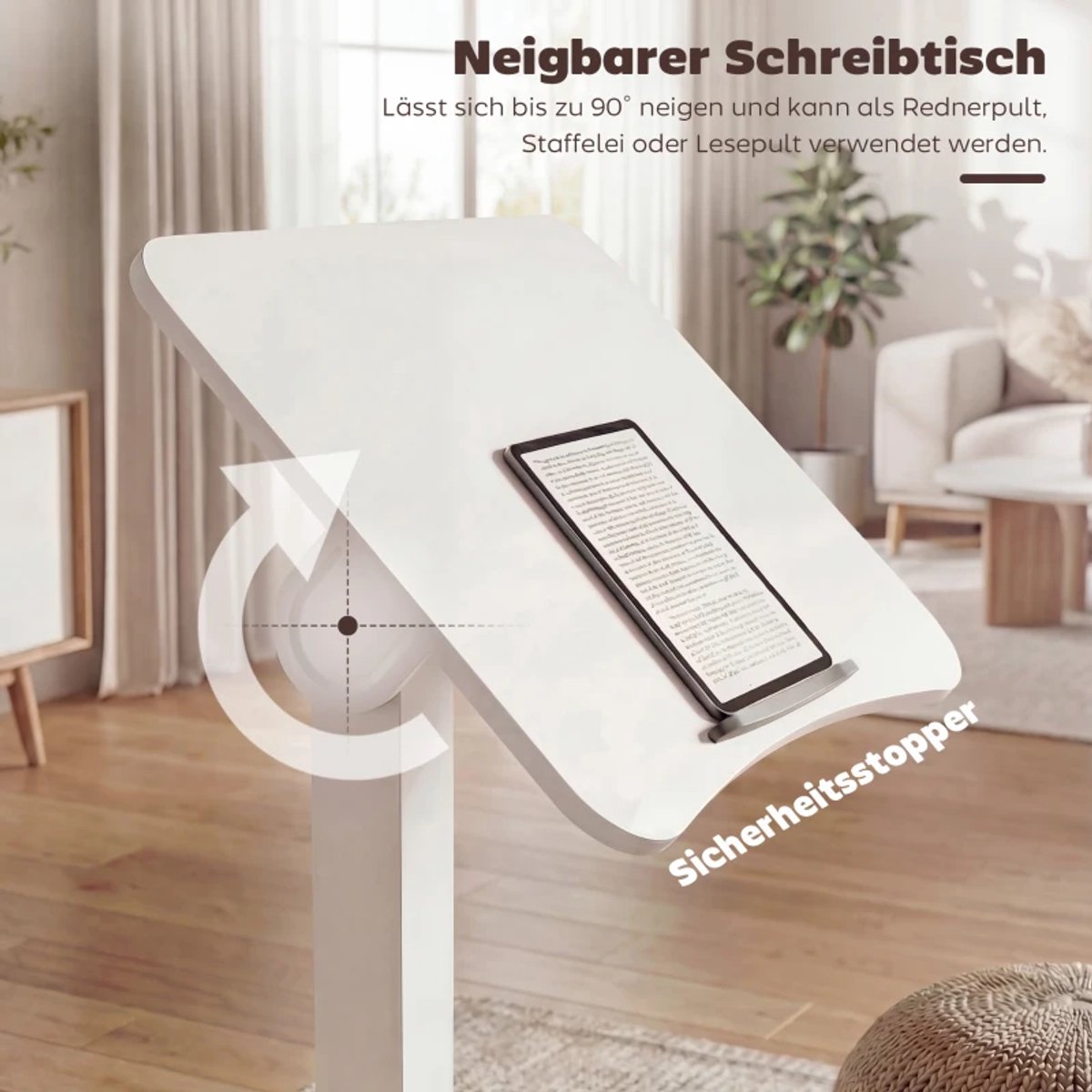 Zit-sta Bureau met Kantelbaar Tafelblad, Veiligheidsstop & 4 Wielen - Verrijdbaar it Sta Bureau - In Hoogte Verstelbaar 75-114 cm - Computerbureau - Computer Tafel - Bureautafel - Desk - Game Bureau - Wit thumbnail 6