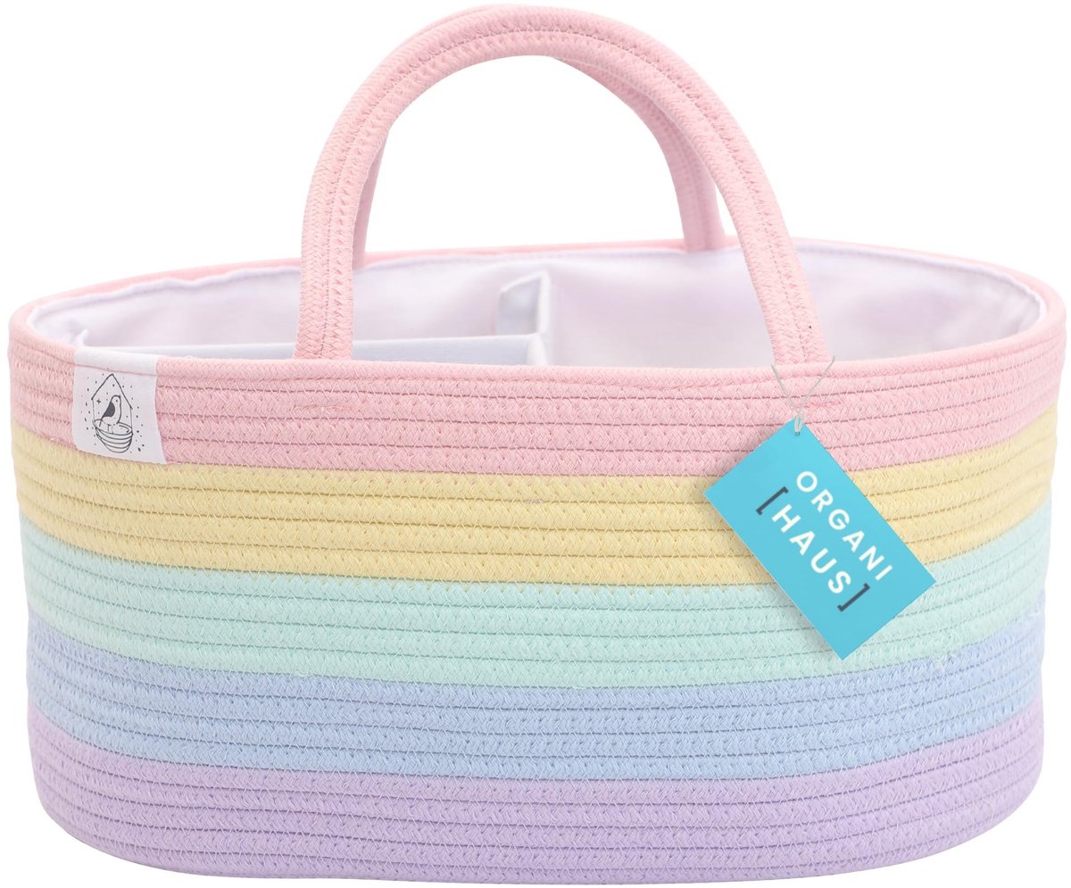 SnelShoppen - Premium Diaper Caddy Organiser - Licht Regenboog Katoenen Mand voor Luiers, Wipes, Speelgoed en Babyaccessoires