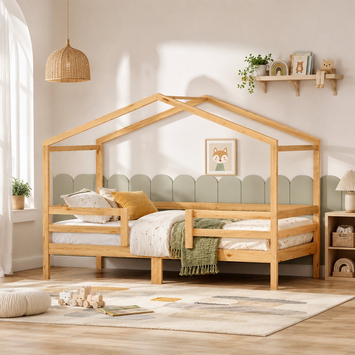 Welltin Huisbed 90x200 cm - Kinderbed - Eenpersoonsbed - Massief grenenhout - Met Dakframe En Veiligheidshek - Met lattenbodem - Veilig en comfortabel - Natuurlijke houttint natuurlijke houtkleur