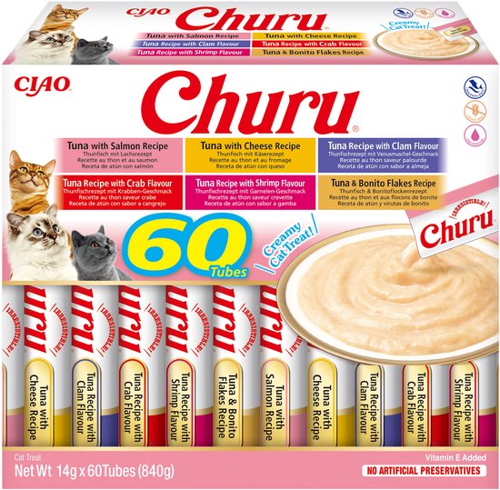 Doos Churu kattensnacks met 60 tubes, met afbeeldingen van katten en de smaken zalm, kaas, mossel, krab, garnalen en tonijn met bonito vlokken.
