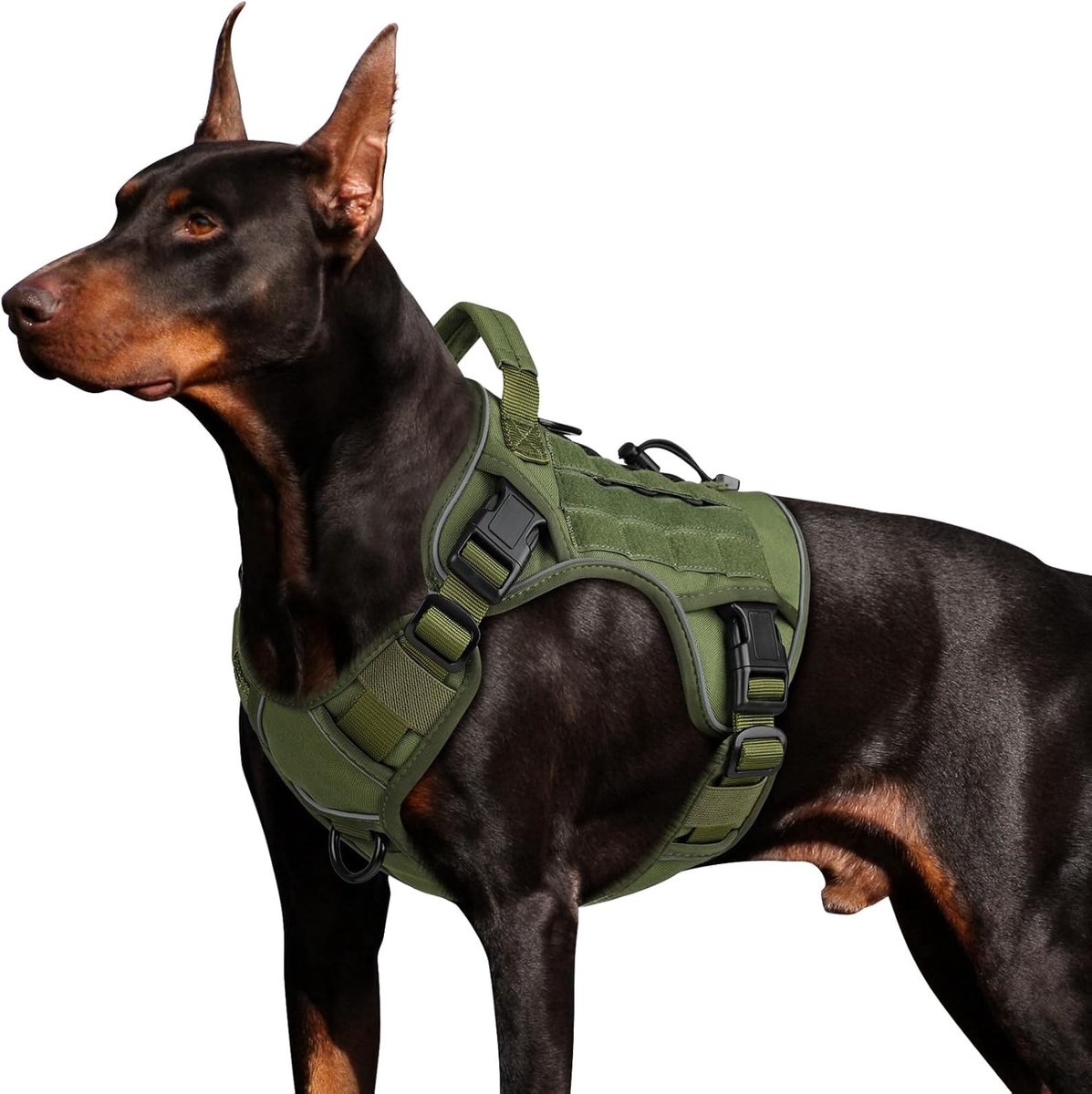 Tactisch hondentuig voor grote honden, anti-trek, robuust hondentuig | met handvat, verstelbaar, reflecterend, groen, militaire K9-stijl, groot formaat hondenvest, voor Duitse Herder, voor wandelen, hiken en jagen