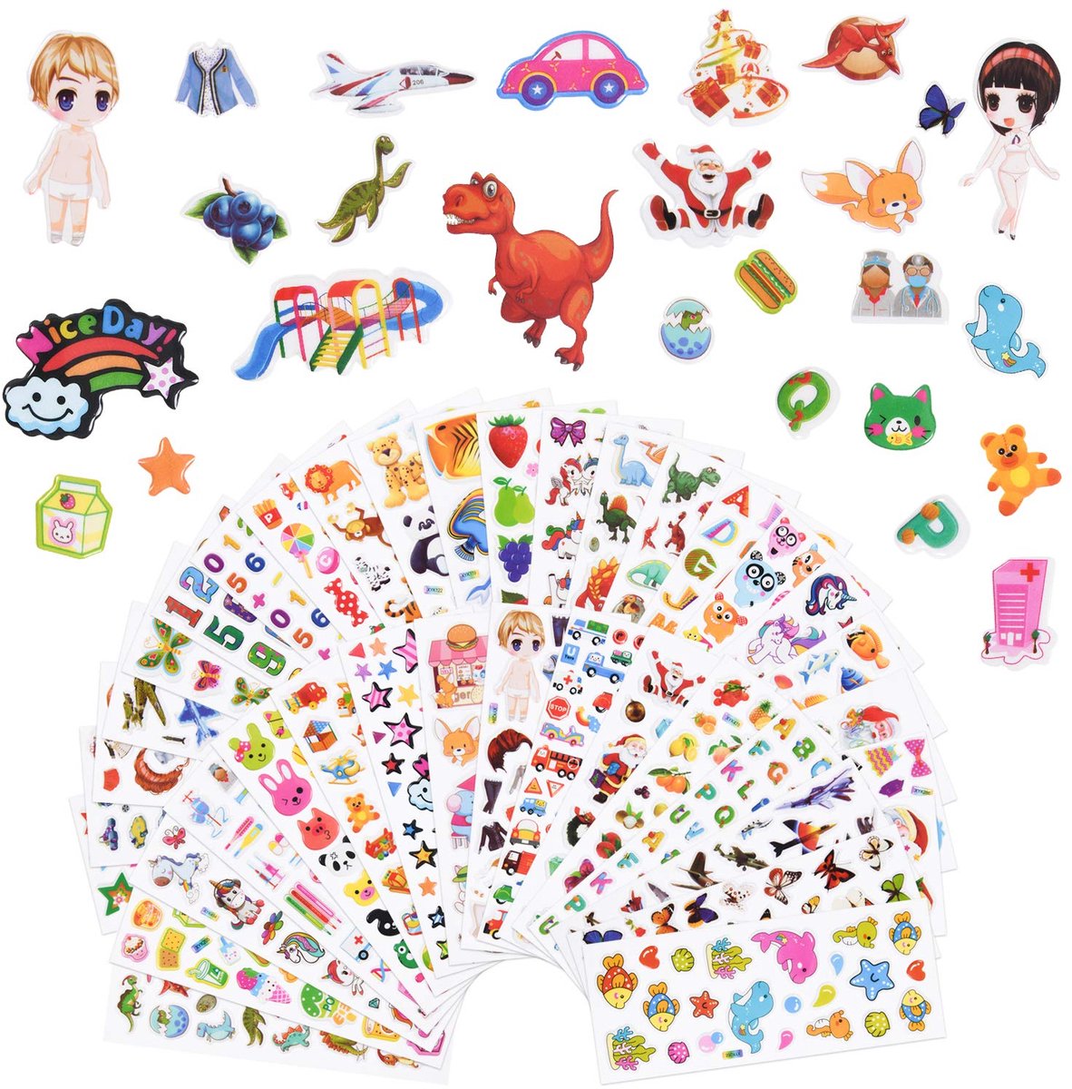 3D Puffy Stickers voor Kinderen - 38 Vellen met 1000+ Stickers - Dieren, Dinosaurussen, Fruit, Kerst & Meer - Knutsel-, Belonings- & Scrapbook Stickers