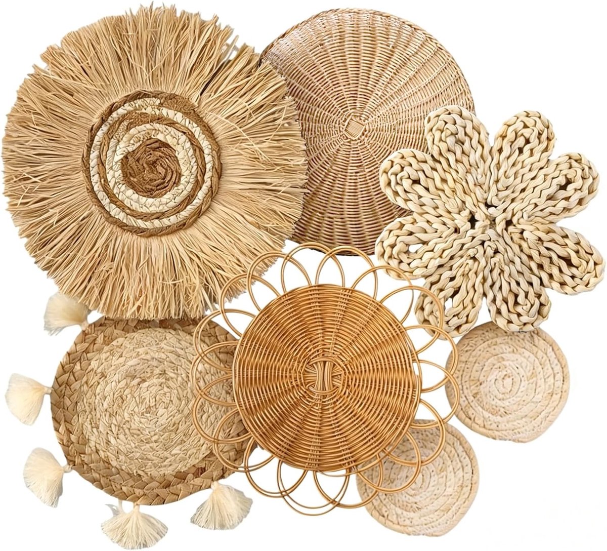 Wandmandset in Boheemse stijl, wanddecoratie van zeegras-rotan, milieuvriendelijke ronde wanddecoratie, geschikt voor boerderij, slaapkamer, woonkamer, tentoonstellingsrek en keuken, 7-delige set