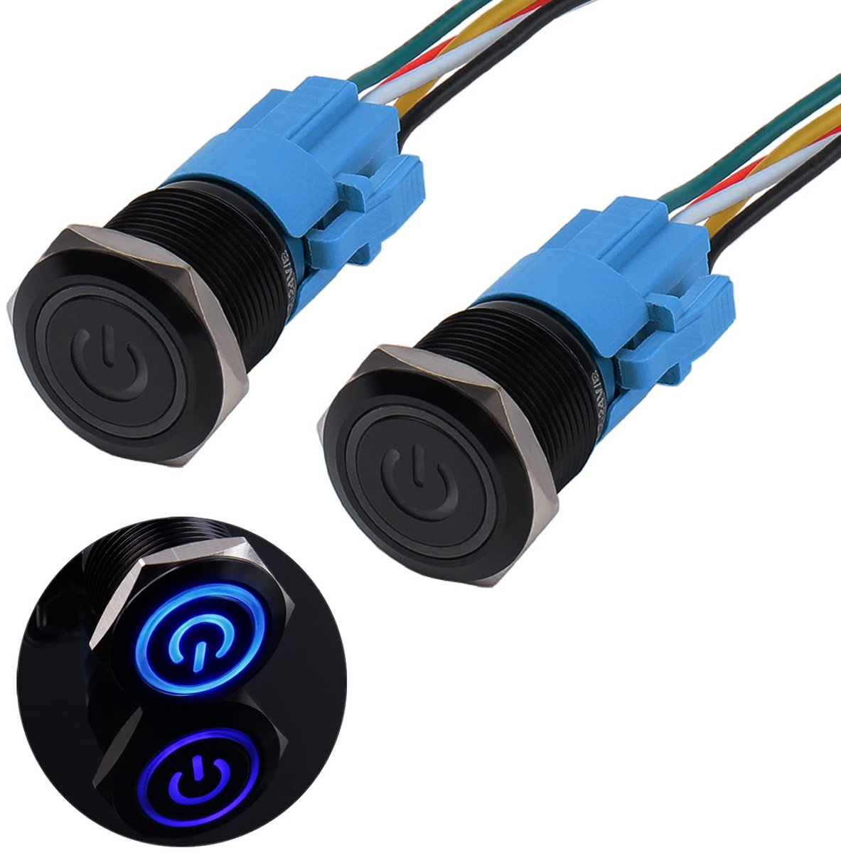 Waterdichte drukschakelaar, 2 × 19 mm, 12 V tot 24 V, 3 A, aan/uit-knop, schakelaar met LED-verlichting, zwarte metalen behuizing, voorbekabelde momentary drukknop voor auto,