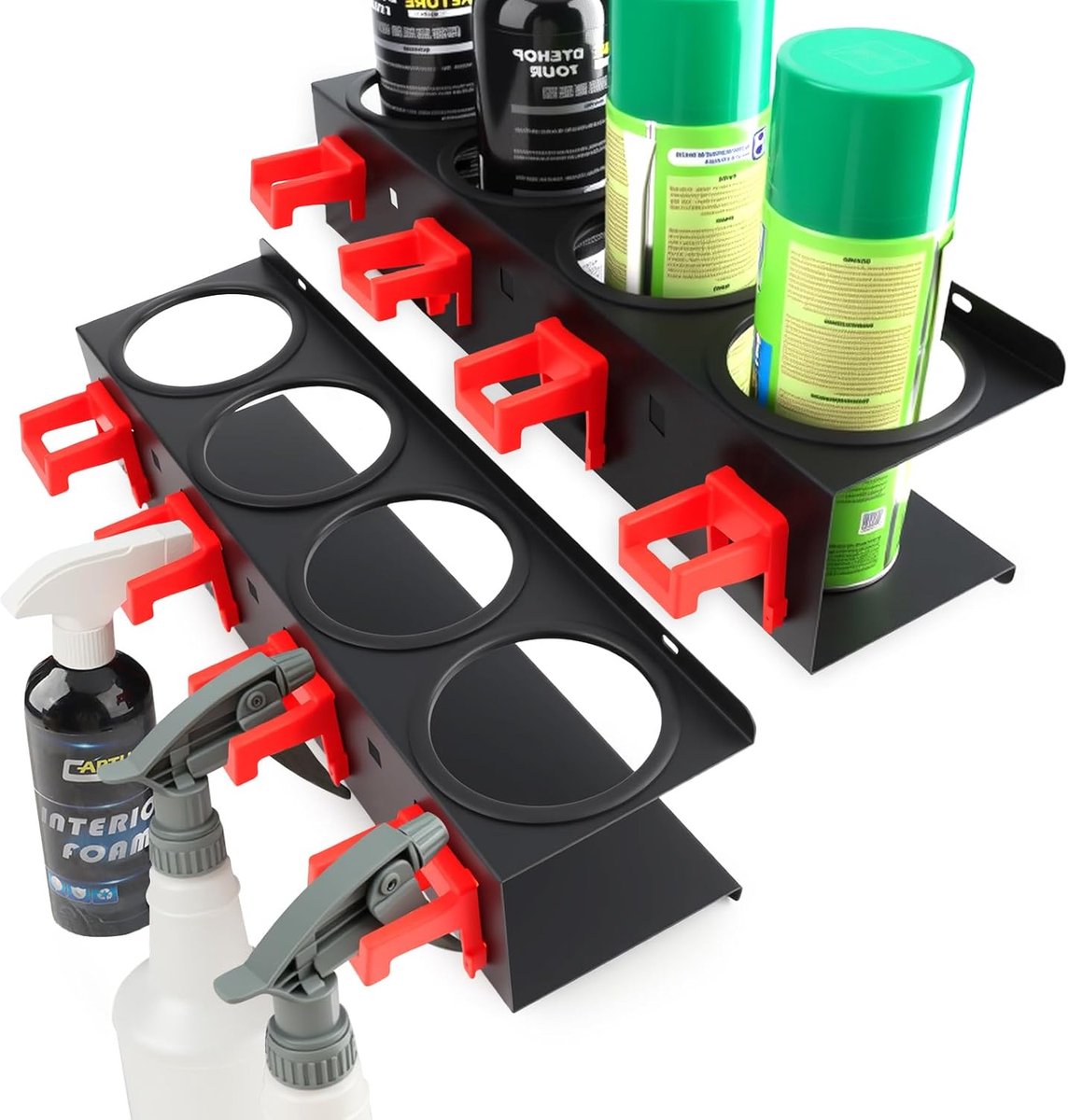 2 stuks spuitfleshouders, zwaar wandgemonteerd stalen rek met 4 gaten en 4 haken, spuitbus opberghouder voor auto-detaillering, garage, bestelwagen, werkplaats, tuingereedschap organisatie