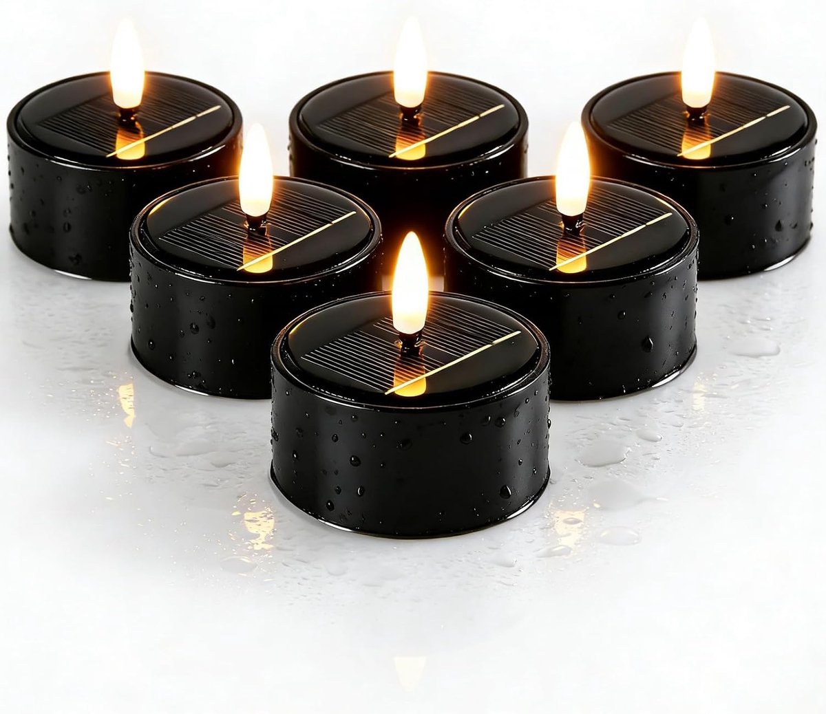 6 stuks theelichtjes op zonne-energie, voor buiten, met warm wit flikkeren, 6 x 5 cm, herbruikbare led-theelichtjes, zwart, waterdicht, zonnekaarsen voor balkon, lantaarn, binnenkamer, terras