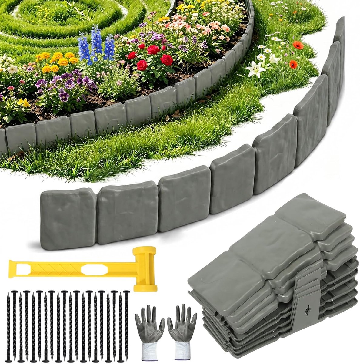 20 stuks kunststof set met handschoenen en hamer, 5 m gazonrand, kunststof met steenlook, omranding voor gazonranden en bloembedden (grijs)