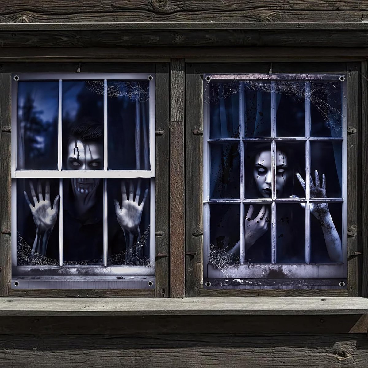 2 stuks griezelige raamafbeeldingen, Halloween binnendecoratie, raamgordijn, horrorparty, raamdecoratie, raamposter, raamdecoratie, feestaccessoires, 120 x 80 cm