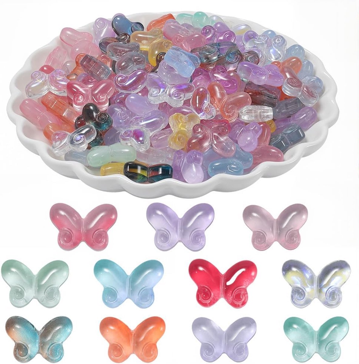 10 mm, 200 stuks, vlinder transparante glaskralen met gaten, kleurrijke bakverf, heldere gladde insectenbedel, losse afstandskraal voor het maken van sieraden, ketting, oorbel, armband