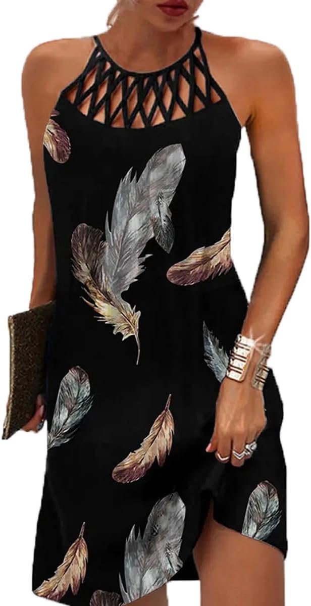 Mouwloos, boho, korte zomerjurk, etnische stijl, elegant bedrukte retro jurken, halternek, vrije tijdsjurk, strandjurken voor dames (meerkleurig-1, S-XXL)