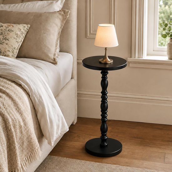 Bijzettafel, massief houten sokkel, drinktafel voor kleine ruimtes, moderne accenttafel met antislip bodem voor woonkamer, slaapkamer, bank, zwart — afbeelding 2