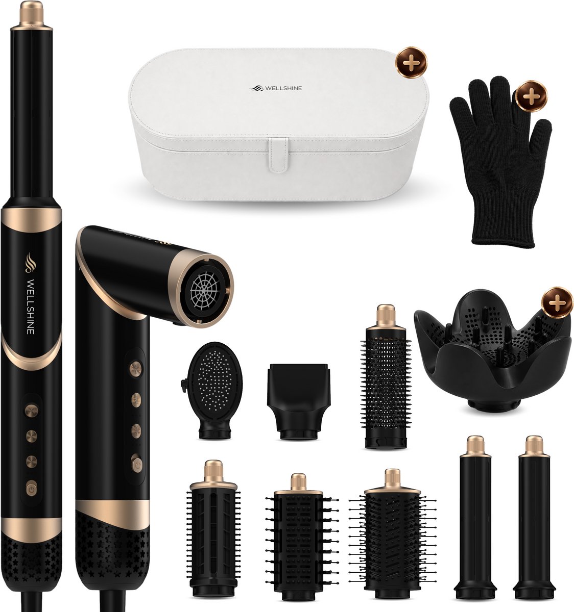 Wellshine 9 in 1 Airstyler Nova - Multistyler met diffuser - Föhn, Haarstyler & Haardroger - Haarstyler, Krulborstel & Krultang voor Drogen en Stylen - Met Opbergbox - Zwart