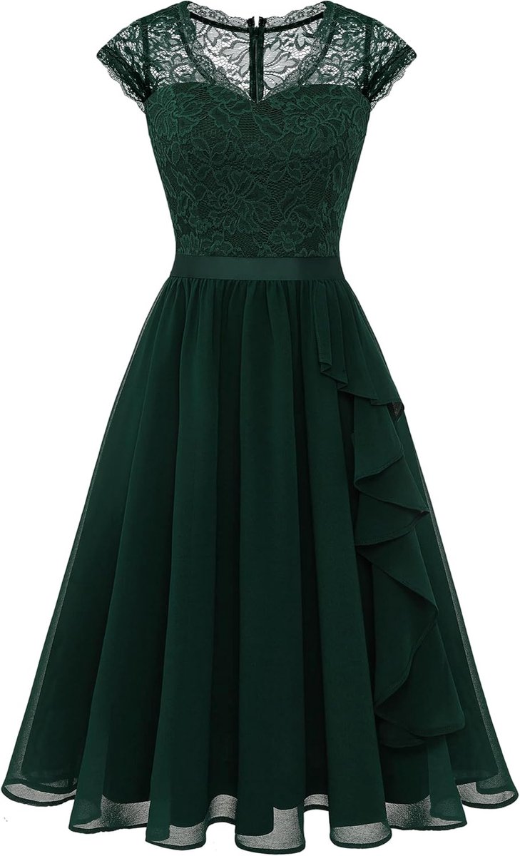 Cocktailjurk voor dames, knielang, avondjurk, elegant, voor bruiloft, elegant, A-lijn, ruche-jurk, donkergroen, XL