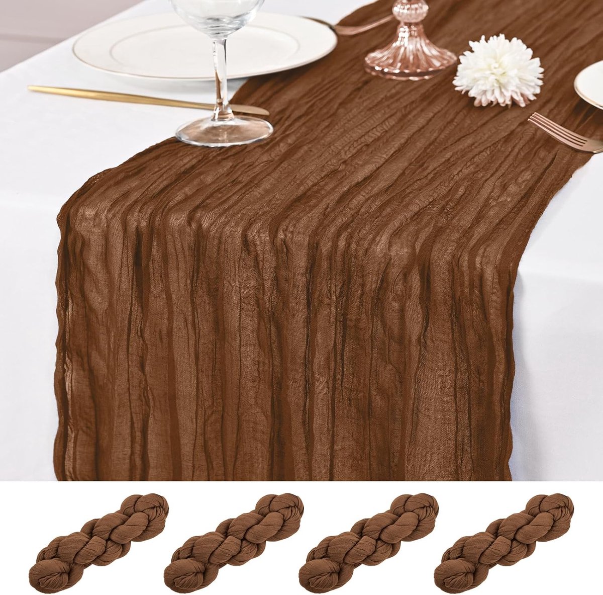 Tafelloper, 21 x 120 inch/53 x 304,8 cm (21 x 120 in) bruin tafelloper, rustiek gaas, romantische lange doorschijnende stof, 21 m kaasdoek, tafellopers voor bruiloftsfeest, bruidsfeest