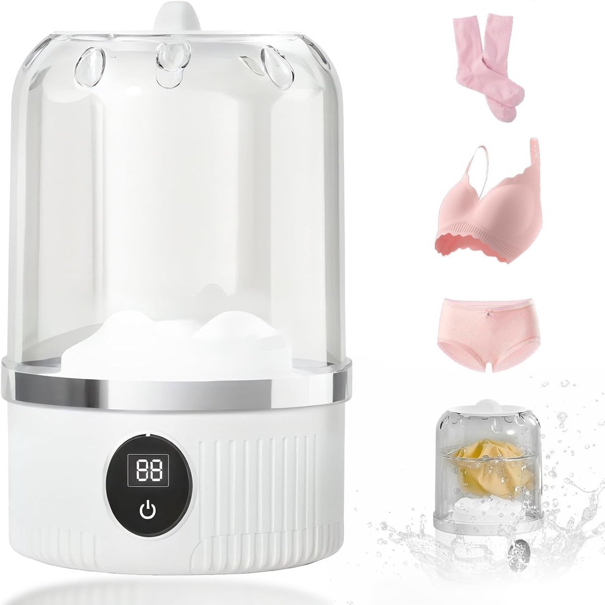 Draagbare mini-wasmachine voor ondergoed, sokken en bh's – 2 standen (5 min normaal / 10 min krachtig), 3000 mAh accu, lekdicht, compact voor thuis en op reis