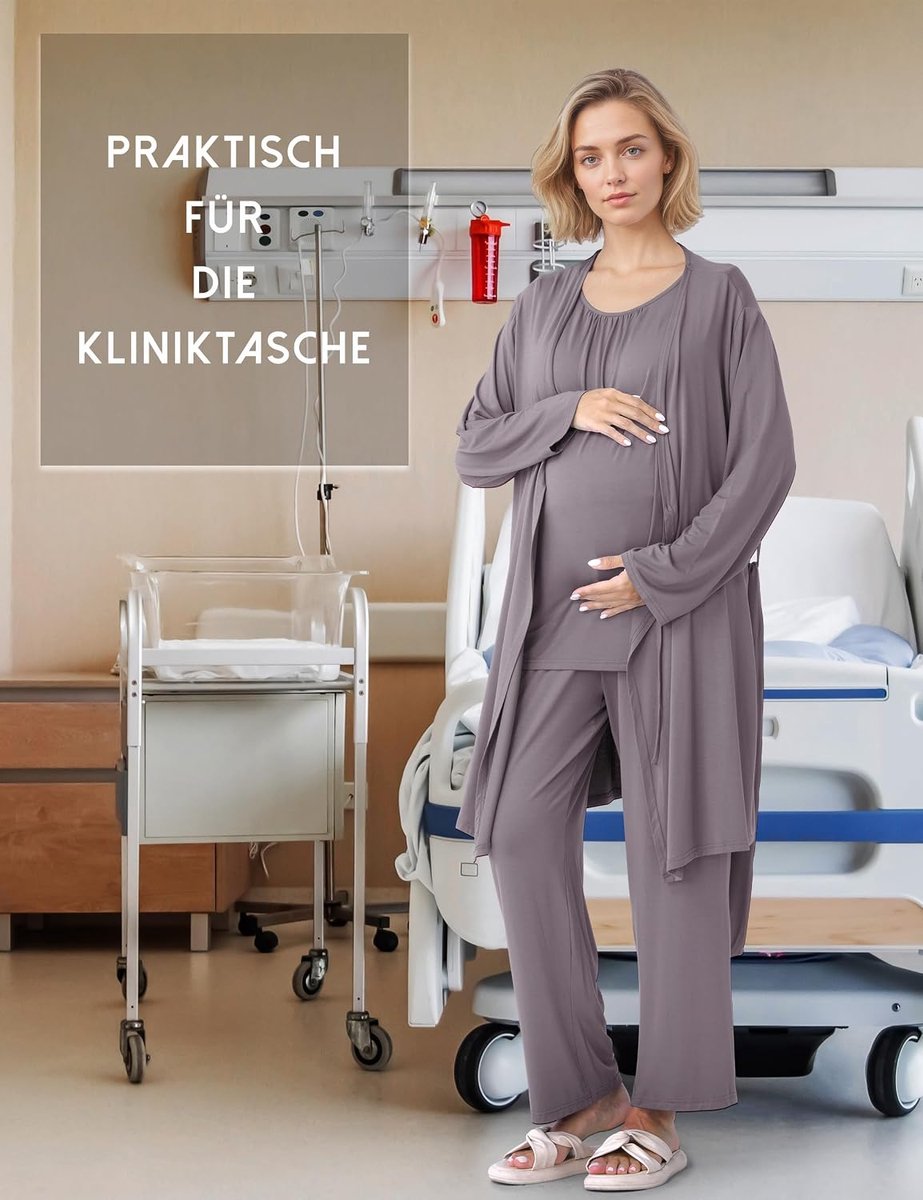 Voedingspyjama voor dames, 3-delig, zwangerschaps- en borstvoedingspyjama met top, broek en ochtendjas, ideaal voor zwangerschap, weekbed en kliniek